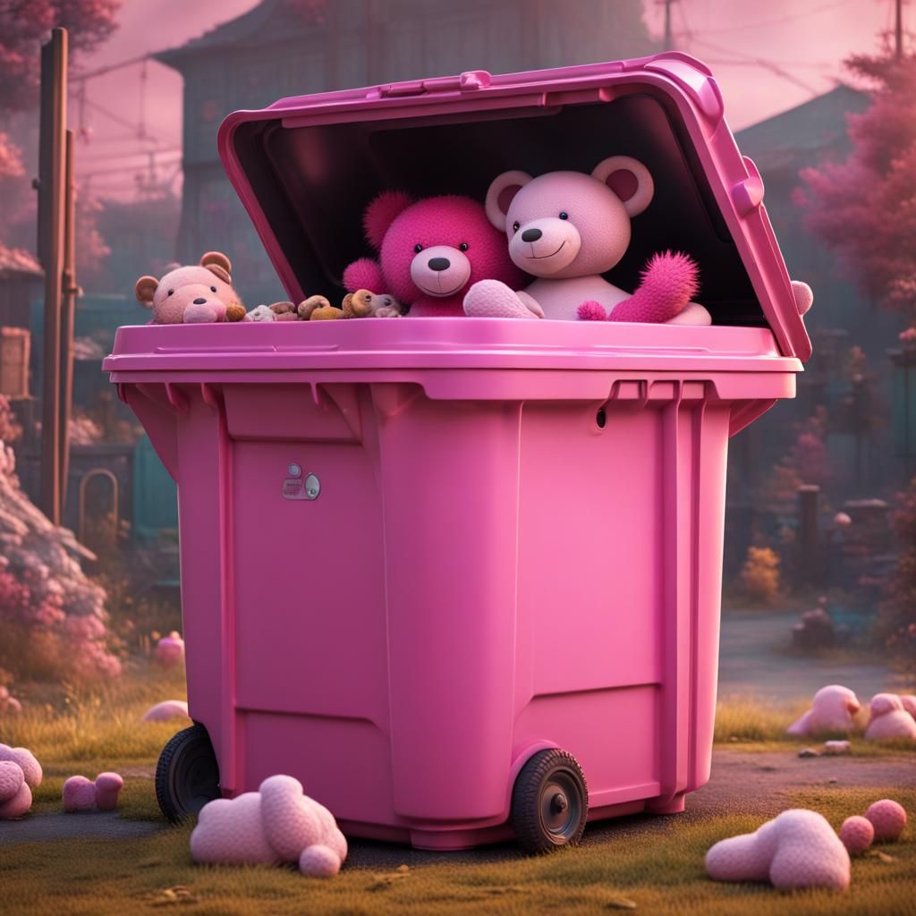 Pink Garbage Container with Stuffed Animals