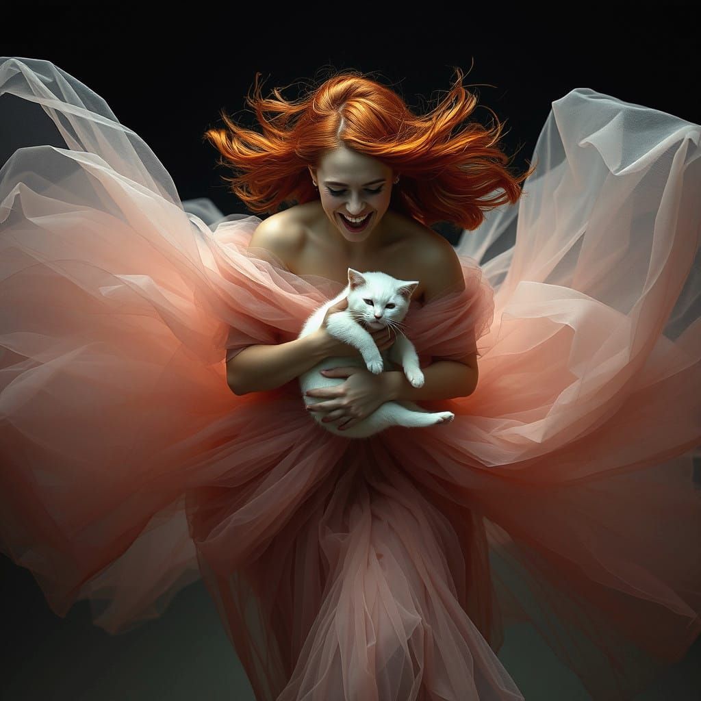 Woman with Cat in Tulle Gown: Hyperrealistic Image