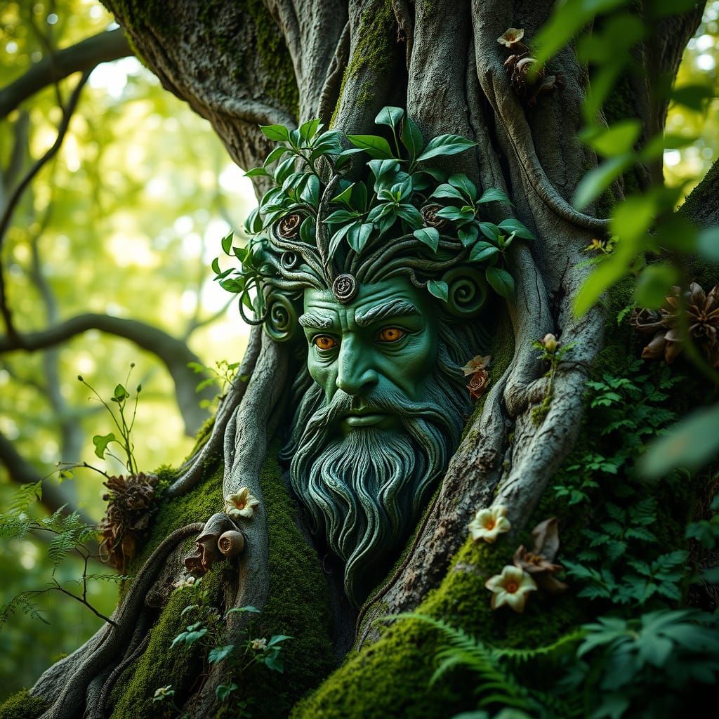 Mystical Green Man Emerges from Ancient Tree