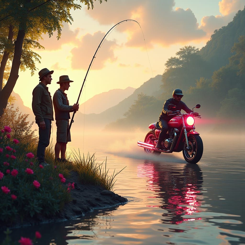 Friends Fishing Interrupted by Motorcycle, Dystopian Landsca...
