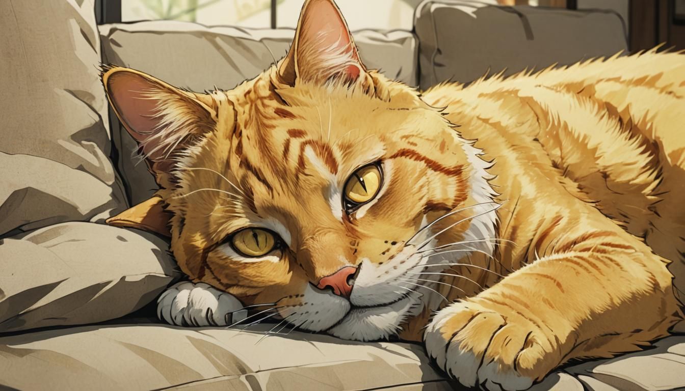 Lazy Yellow Cat in Studio Trigger Anime Style