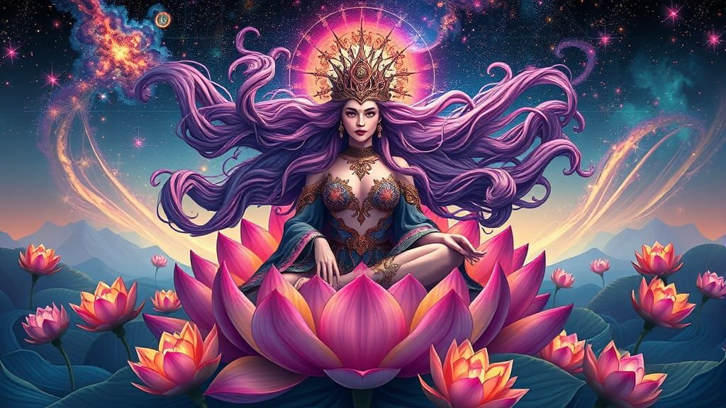 Cosmic Lotus Goddess Reigns Supreme in Vibrant, Dreamlike Sc...