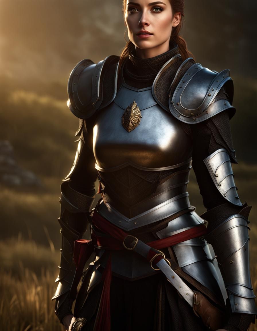 Beautiful Female Knight on Battlefield in Photorealistic Sty...