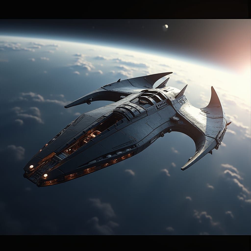 Futuristic Bat-Ship Soaring Above Earth in Space