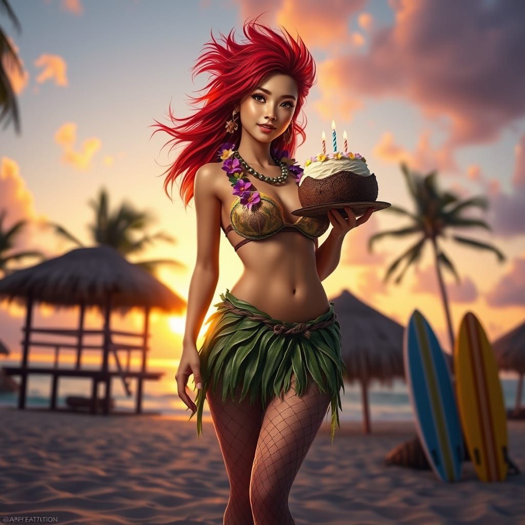 Hawaiian Woman with Birthday Cake: Fantasy Art