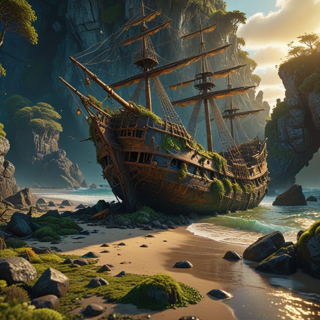 Mossy Pirate Ship Wrecked on Rocky Beach