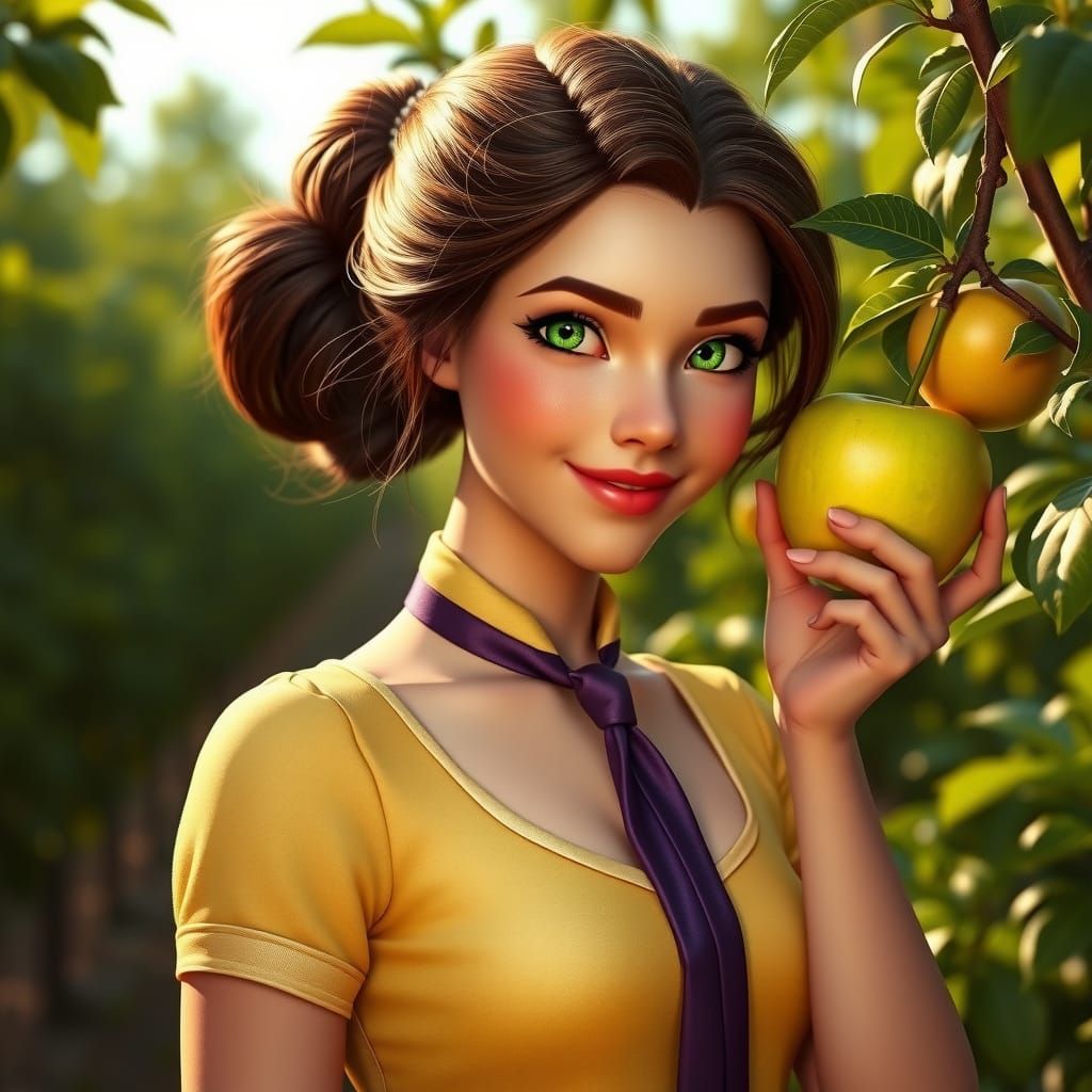 Jane Porter Picking Apple in Spring Orchard
