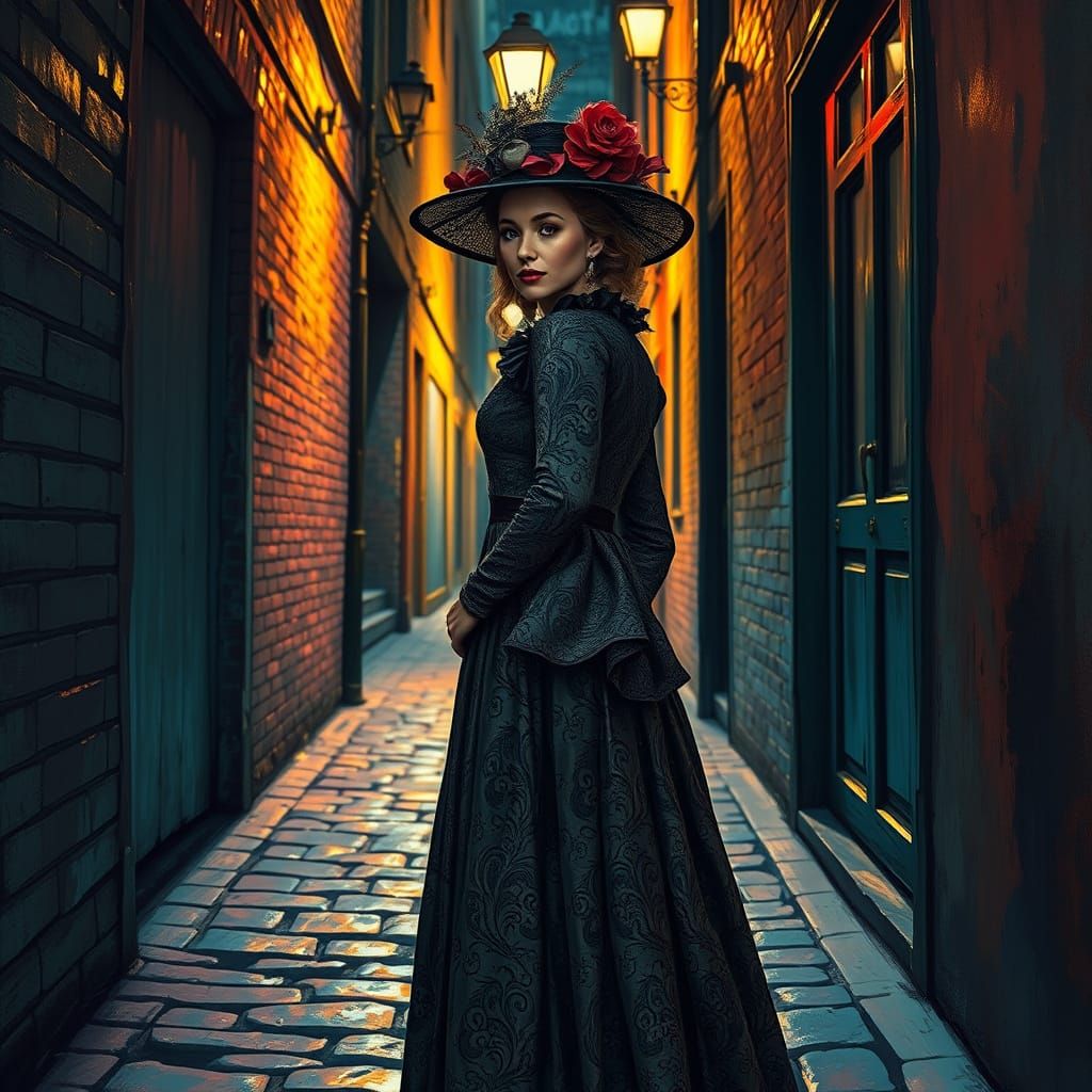 Victorian Woman in Alleyway, Neo-Impressionist Style
