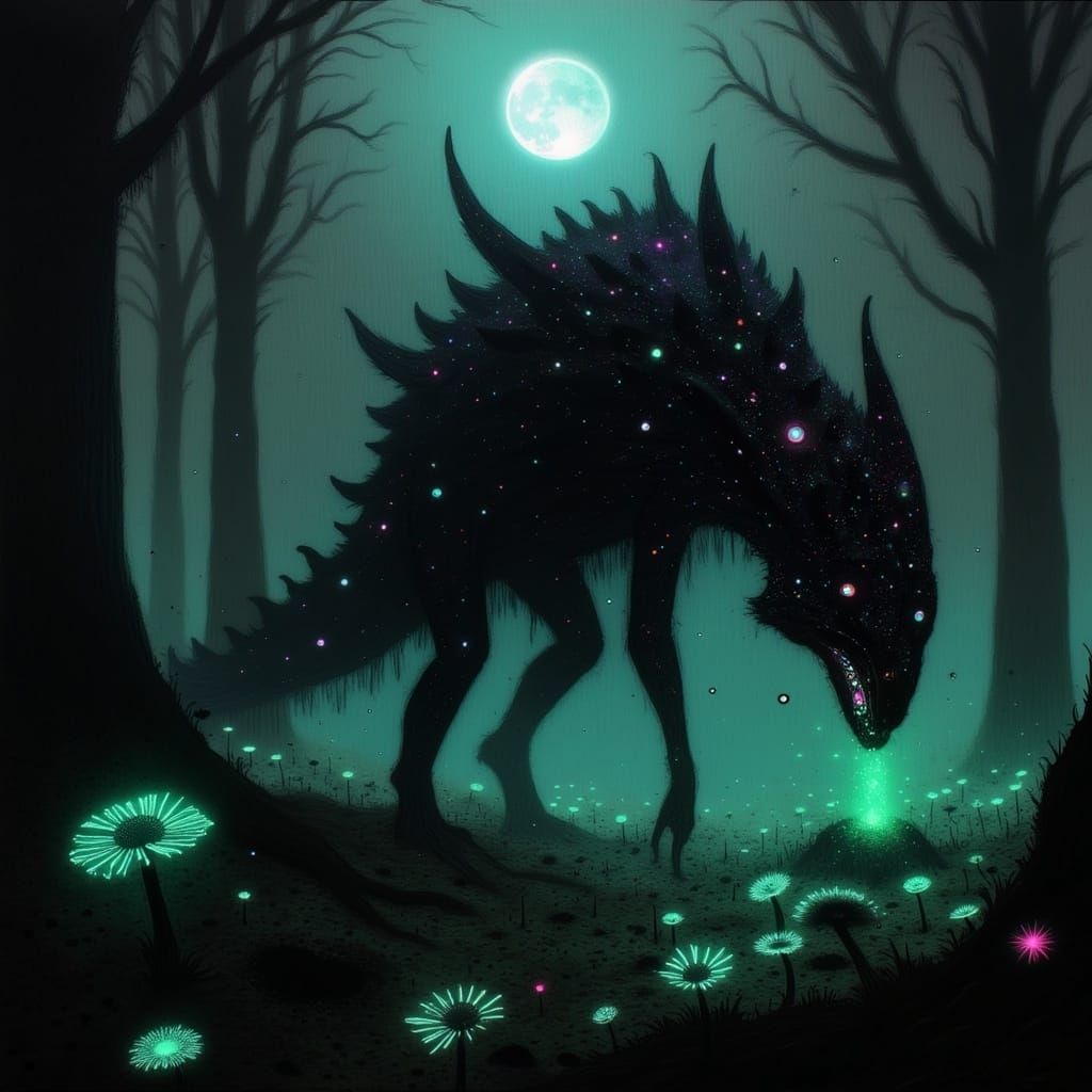 Dark Fantasy Scene in Neon-Lit Forest Night