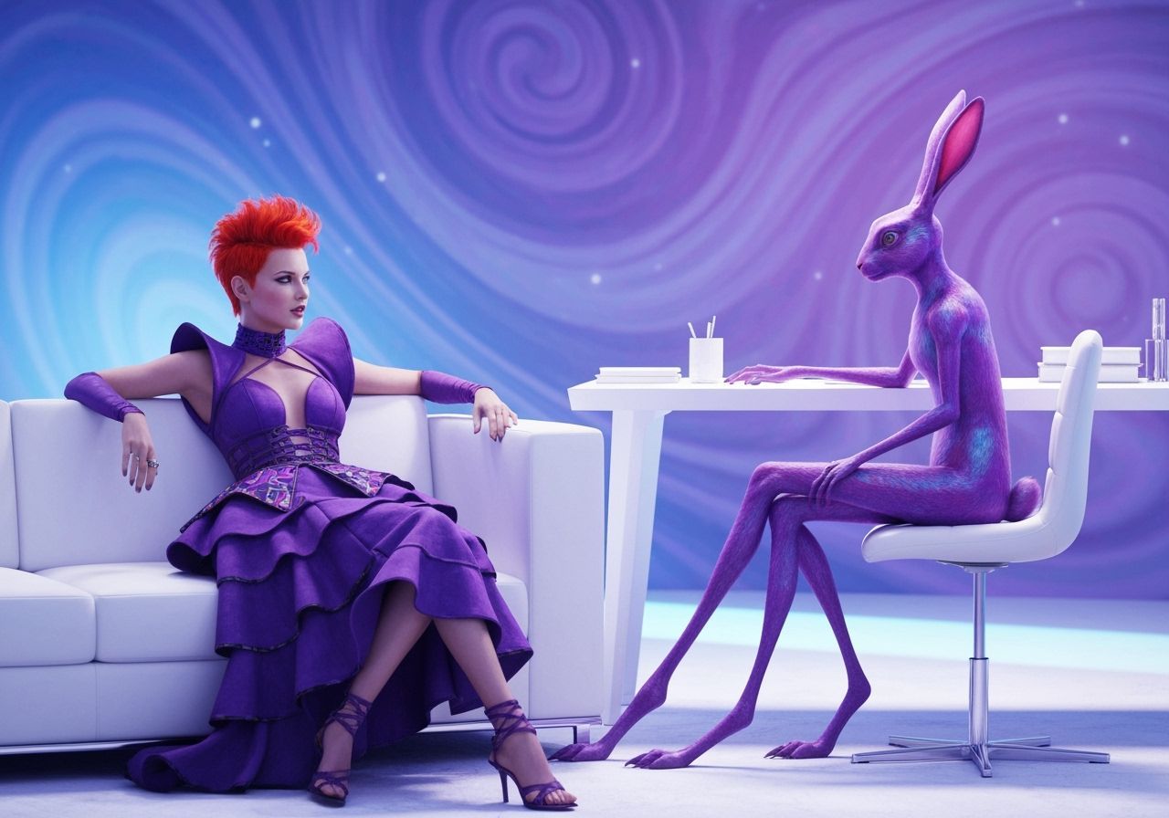 Woman and Rabbit Alien Converse in Surreal Dreamscape