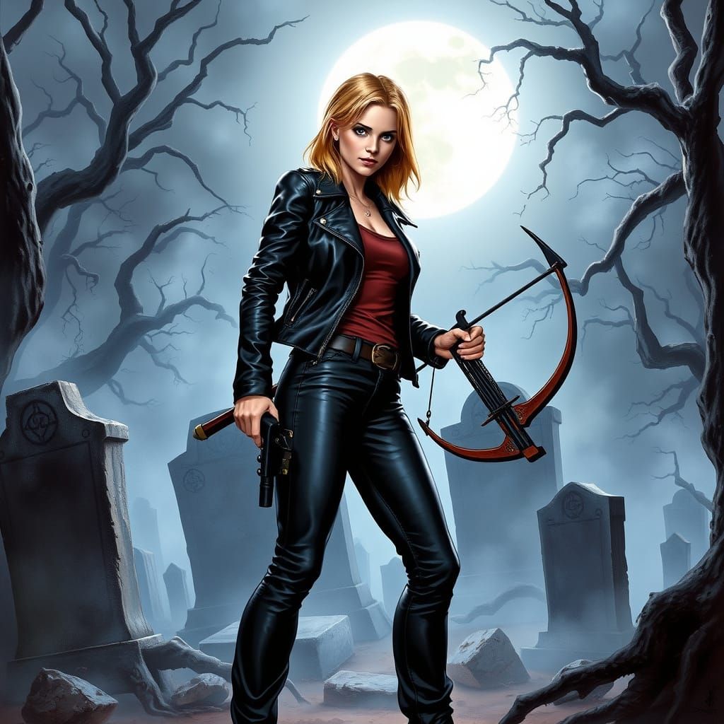Dark Vampire Slayer in Moonlit Graveyard