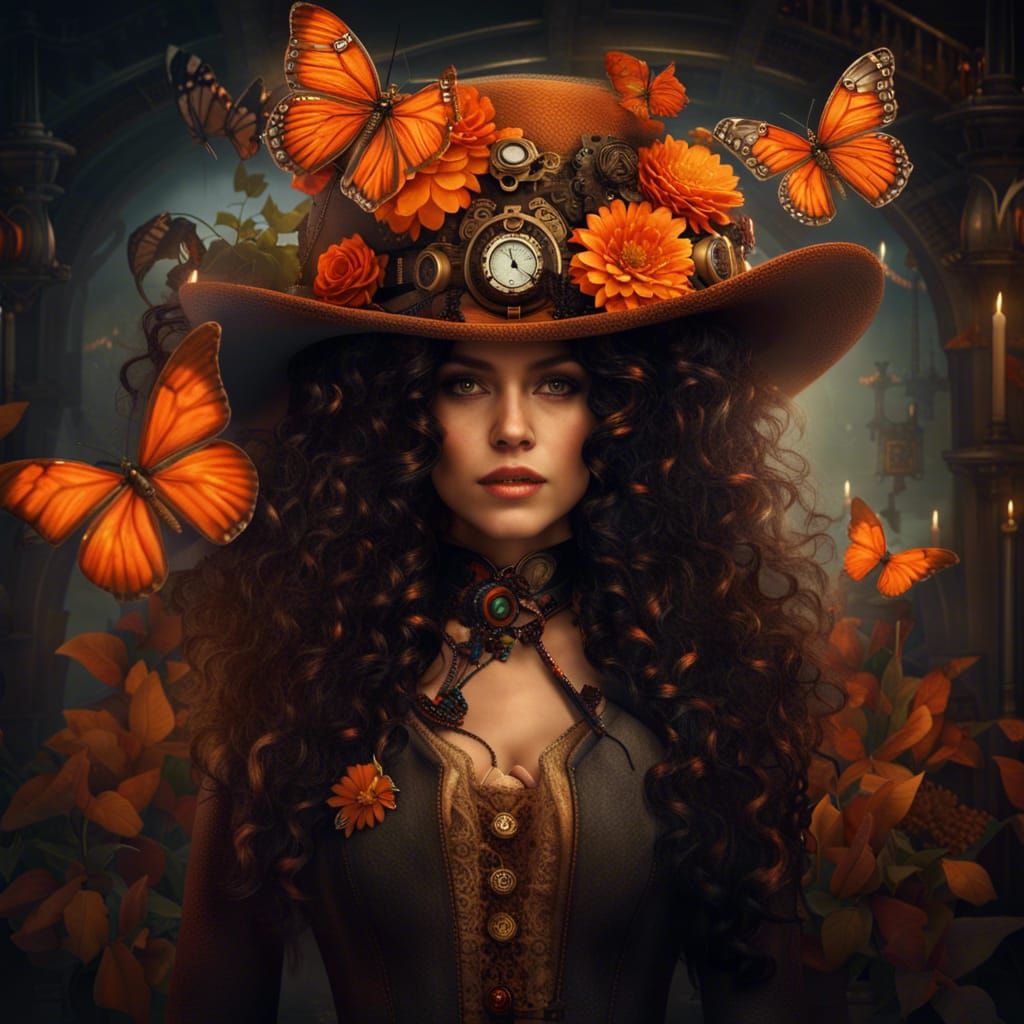 Steampunk Woman with Butterflies and Orange Flowers