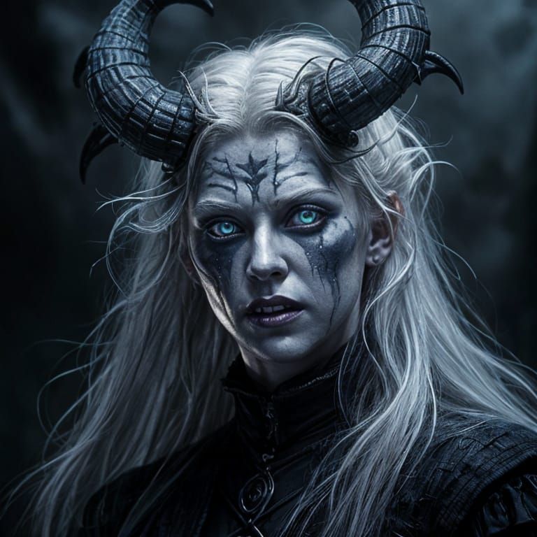 Demonic She-Hag with Crystalline Horns in Hyper-Realism