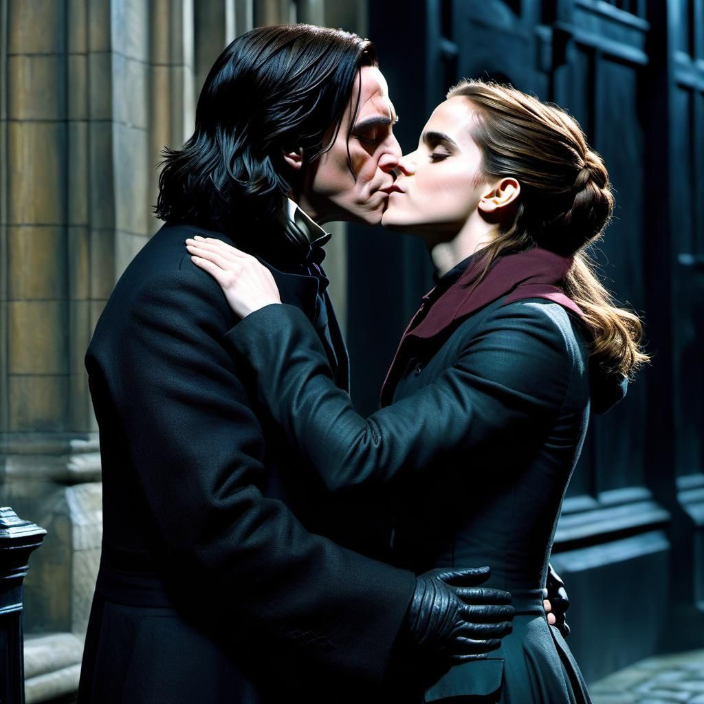 Adult Hermione, portrayed by Emma Watson, caught under the misletoe kissing younger Severus Snape at Grimmauld Place, re...