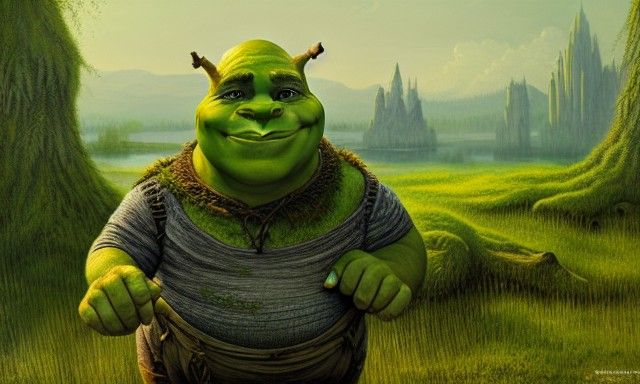 Hyperrealistic Portrait of Shrek in a Swamp