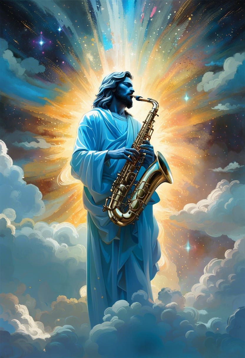Celestial Jesus Plays Saxophone in Starry Explosion