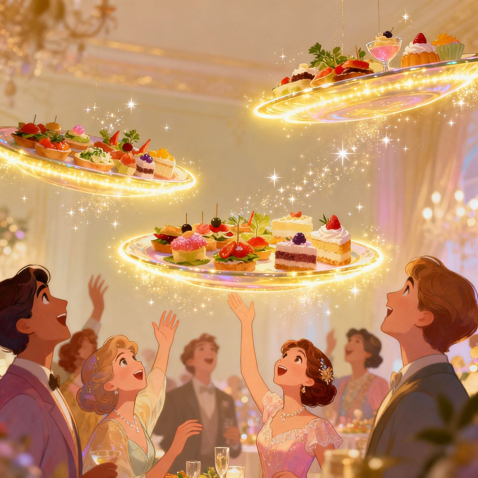 Magical Floating Food Platters at a Lively Party