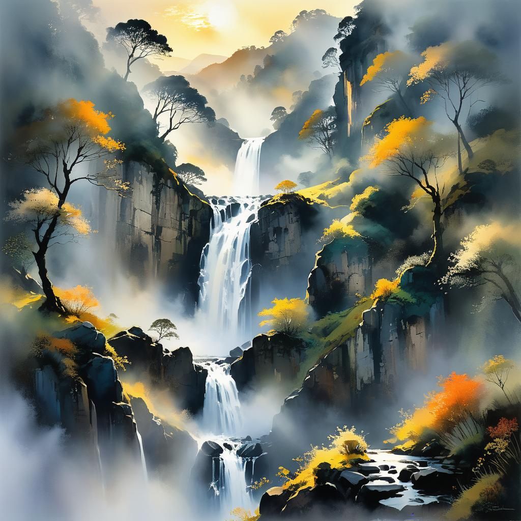 Misty Waterfall Sunrise in Intricate Valley