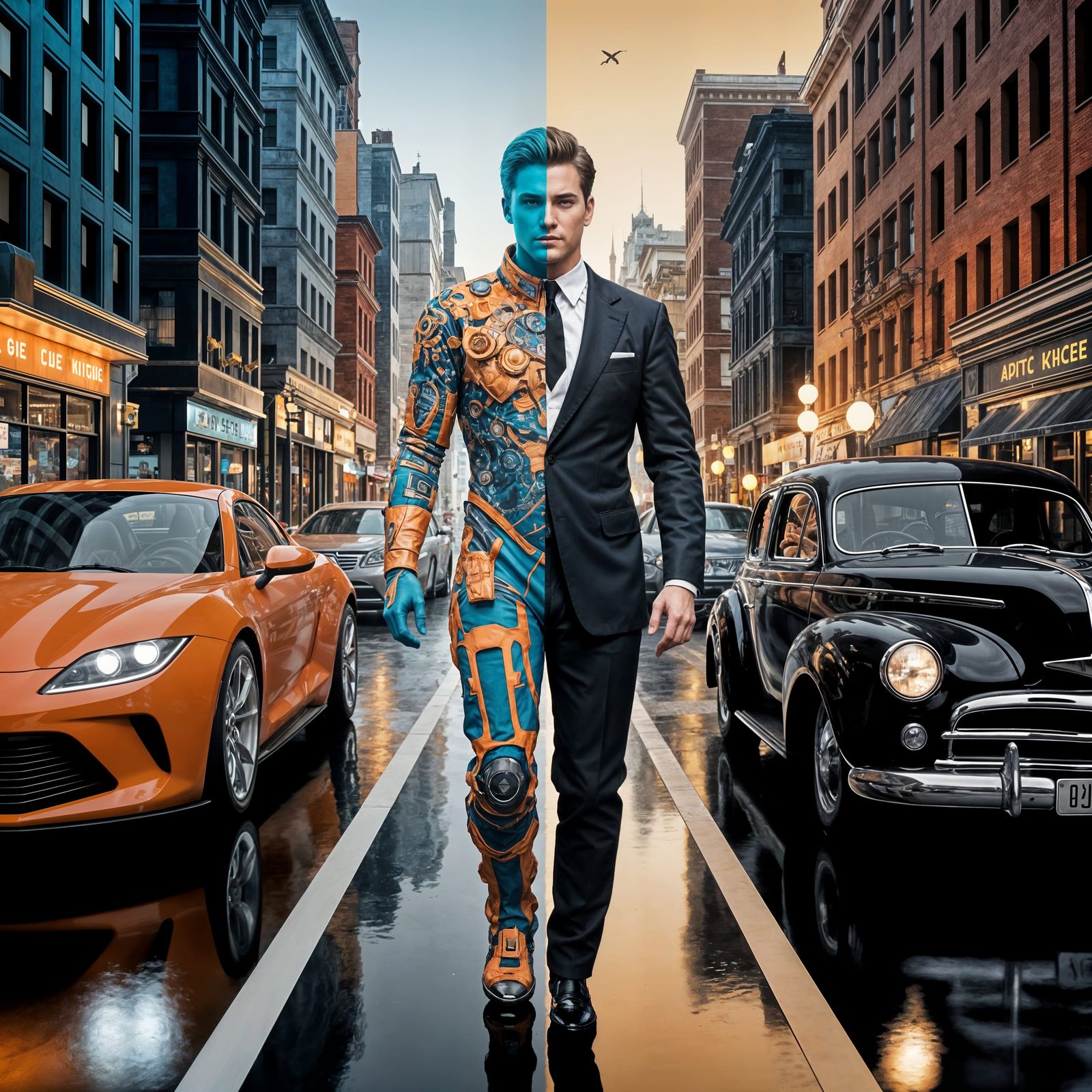 City Street Split Between Future and Noir