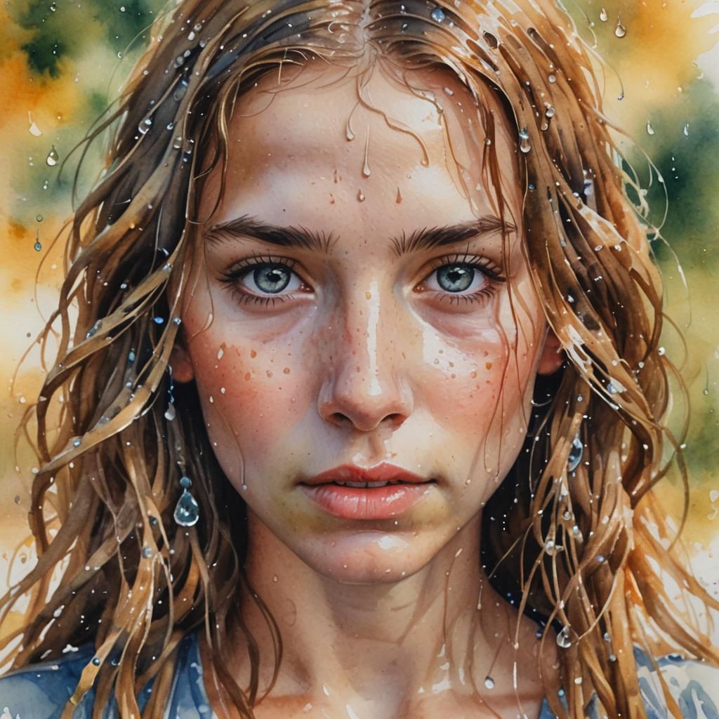 Impressionist Watercolor Portrait of Girl After Swimming