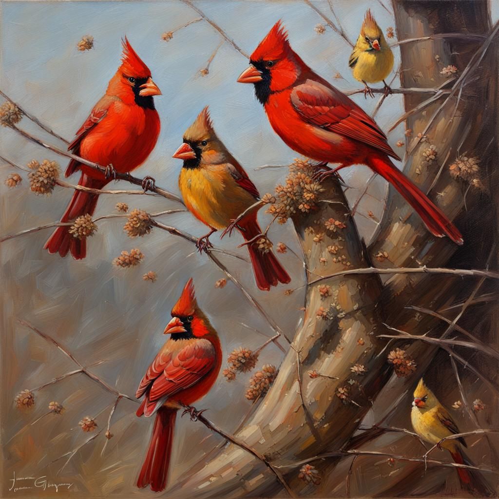 Cardinals Eating Birdseed in Oil Painting Style