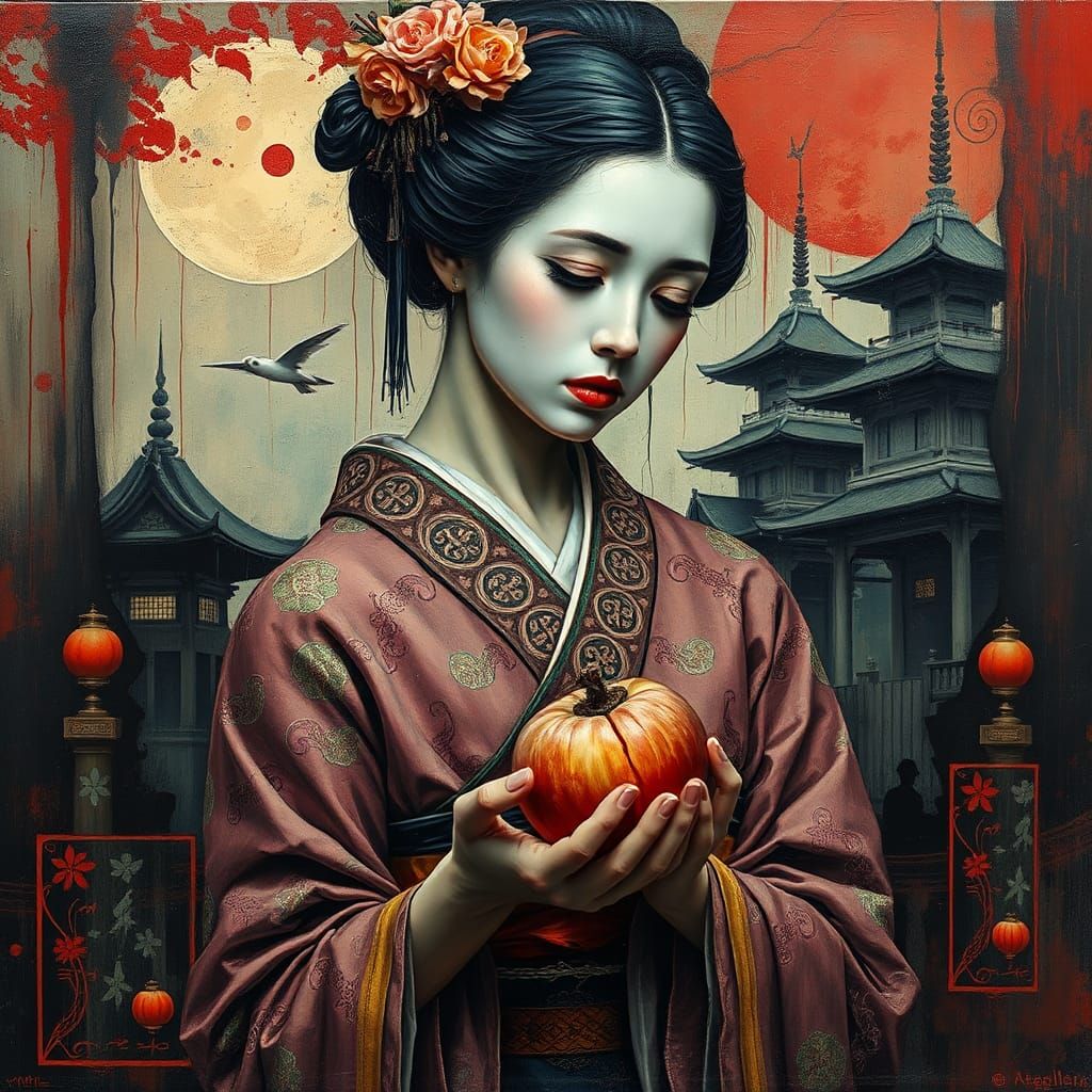Geisha with Peach: Surreal Impasto Art Deco Fusion