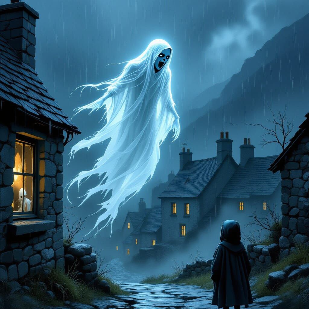 Translucent Banshee Over Irish Village in Gothic Horror Styl...