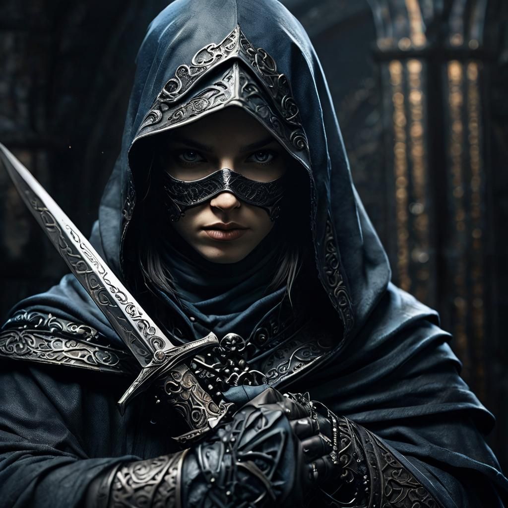Mysterious Assassin with Nightveil Dagger: Dark Fantasy Art
