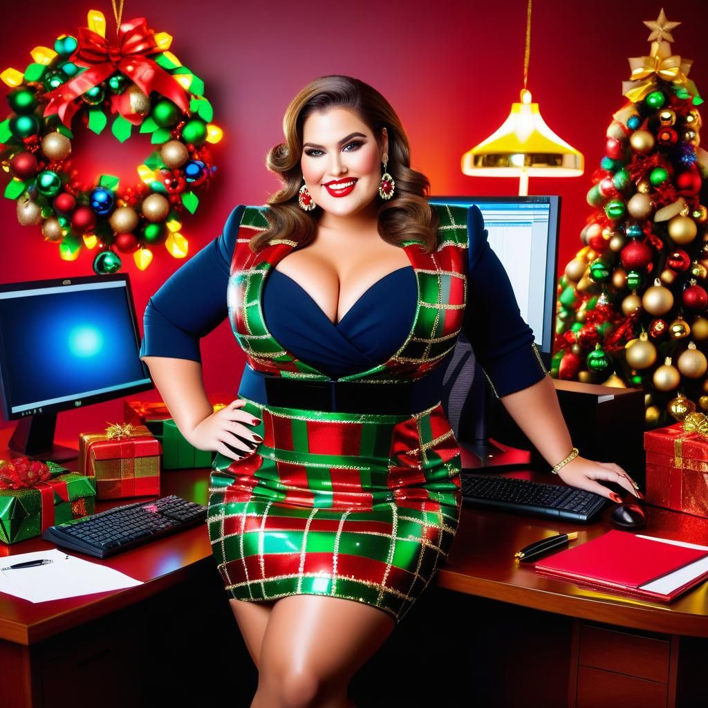 Plus-Size Executive in Neon Christmas Office