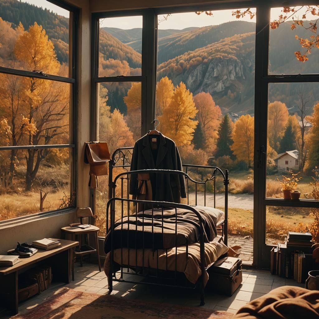Cozy Room with Autumn View: Cinematic Film Still