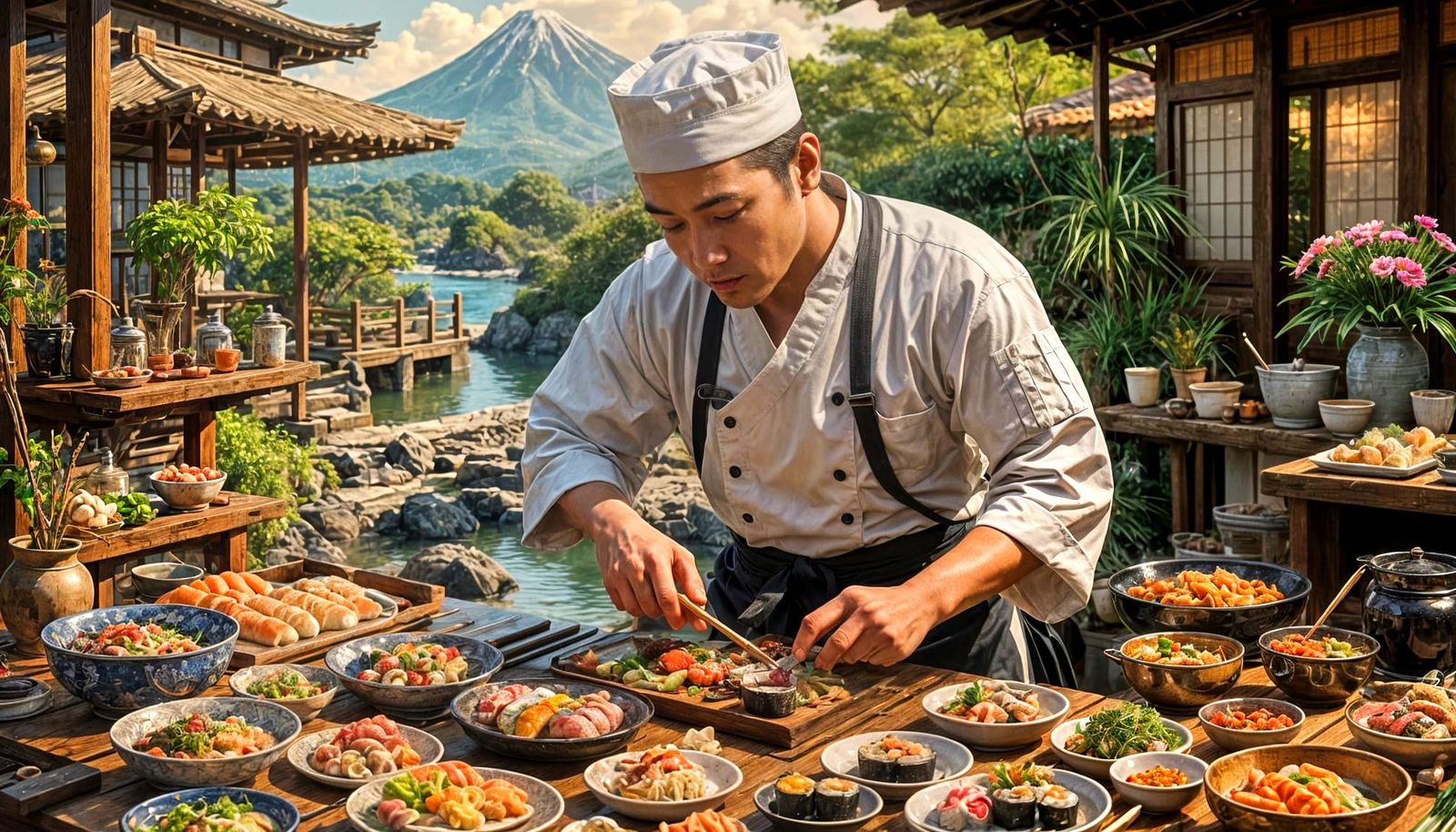 Sushi Chef Outdoors: Hyperdetailed Surreal Portrait