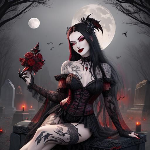 An enchantingly beautiful, venomous  female vampire with  blood- red lips and silky hair flowing in the breeze, clad in ...