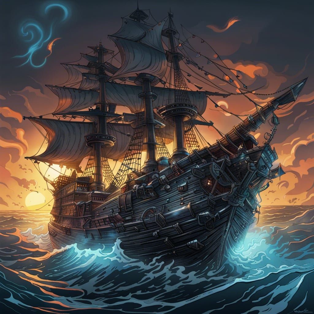 Ghostly Pirate Ship with Penguin Skull, Comic Book Art