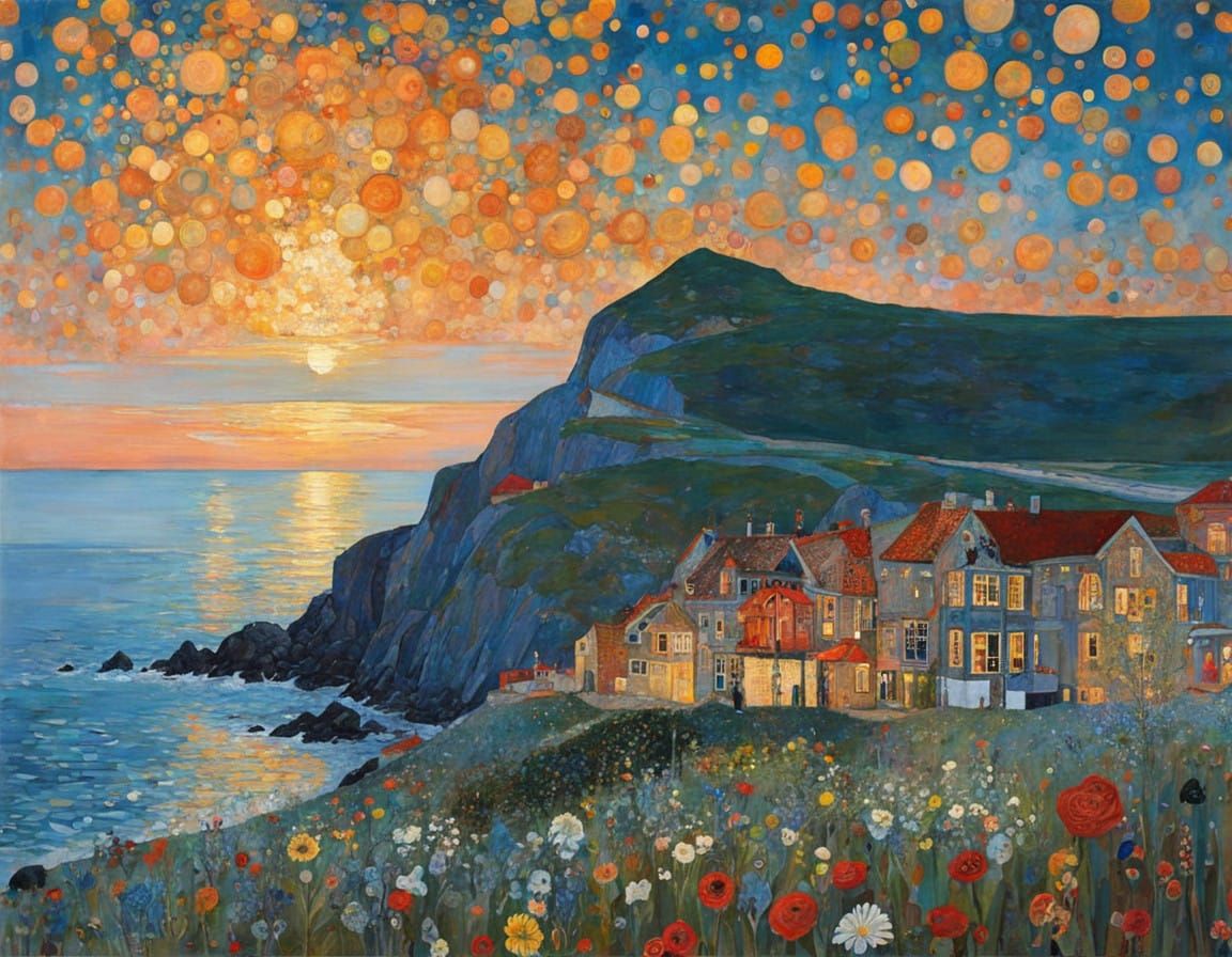 Seaside Scene at Sunset in Vibrant Colors