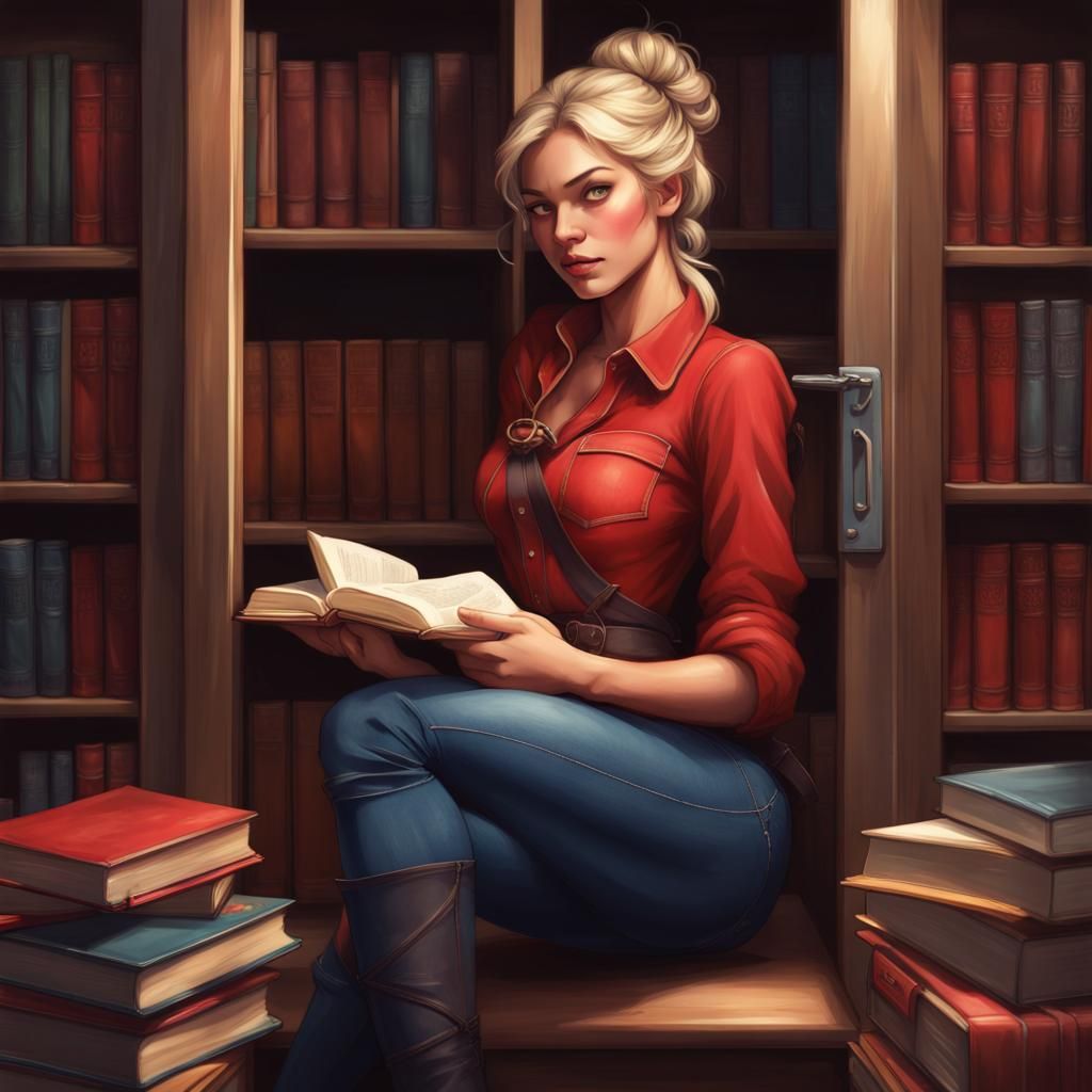 Cinderella as Student in Red Denim, Digital Art