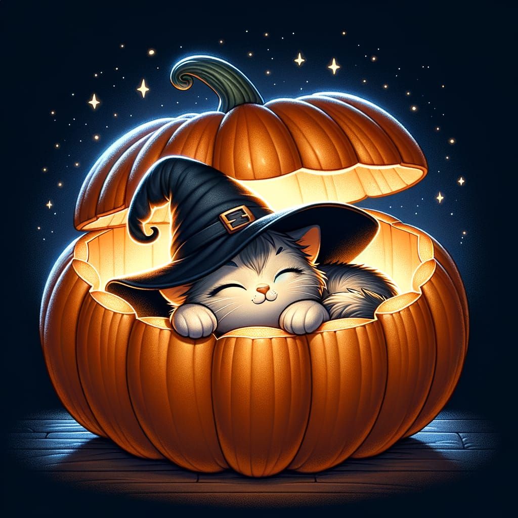 Witch Kitty Sleeps Peacefully in Glowing Halloween Pumpkin