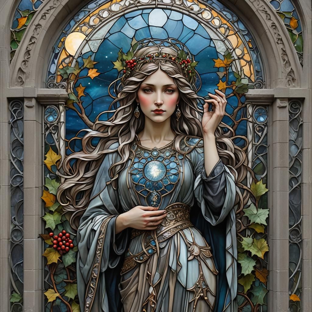 Jeweled Gypsy in Stained Glass Art Nouveau Window