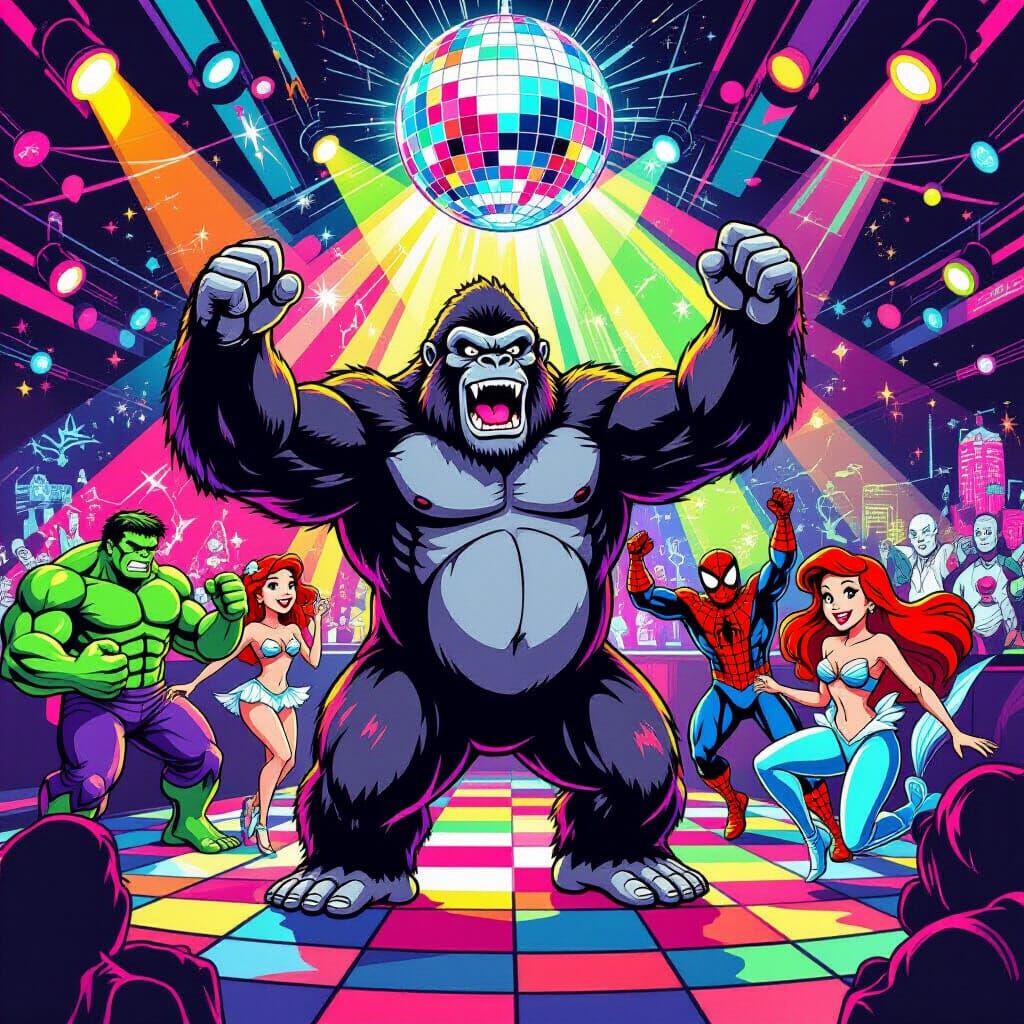 King Kong Dances in Disco Club in Comic Fantasy Style