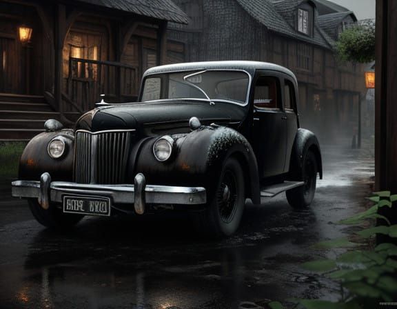 Detailed Oil Ink Portrait of a Black Vintage Car