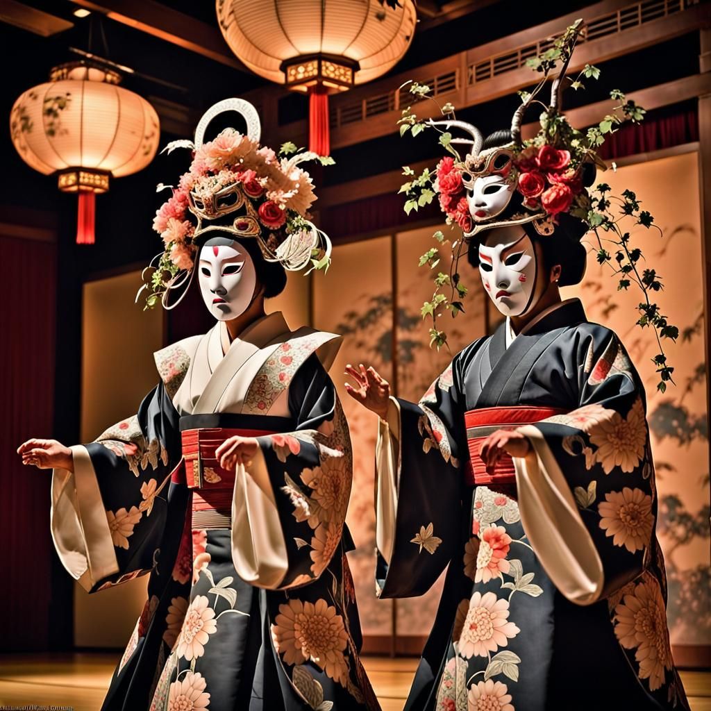 Japanese Opera Performers in Traditional Masks