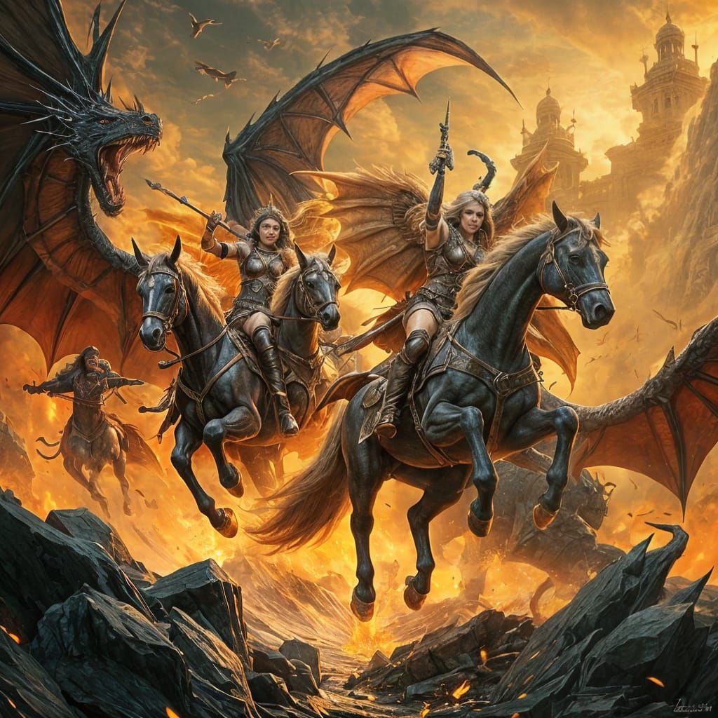 Valkyries and Dragons in Epic Dreamlike Battle