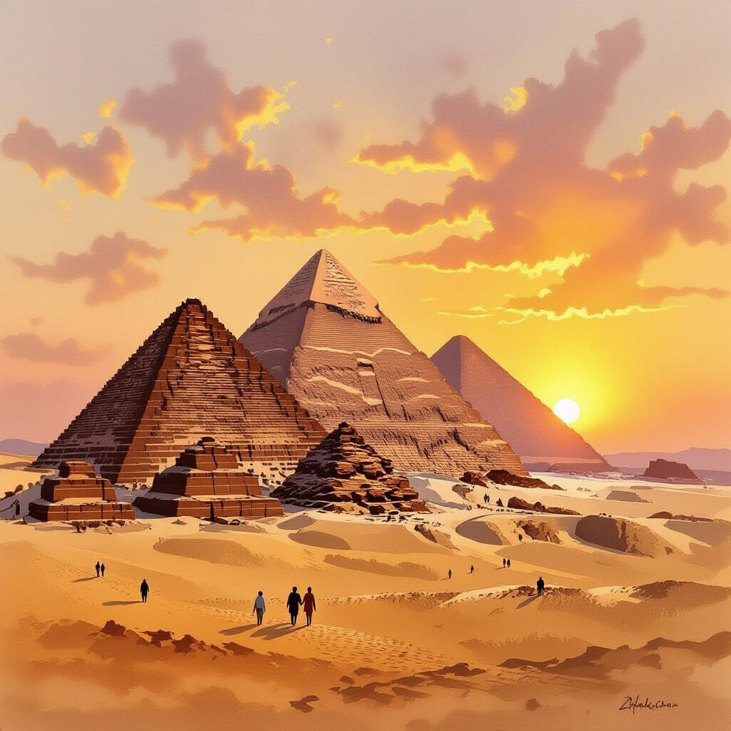 Giza Pyramids at Golden Hour in Watercolor Style