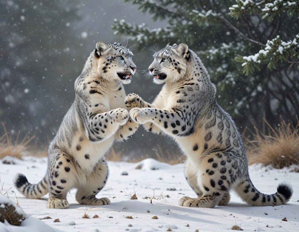 Snow Leopards Playfully Sparring in a Winter Wonderland