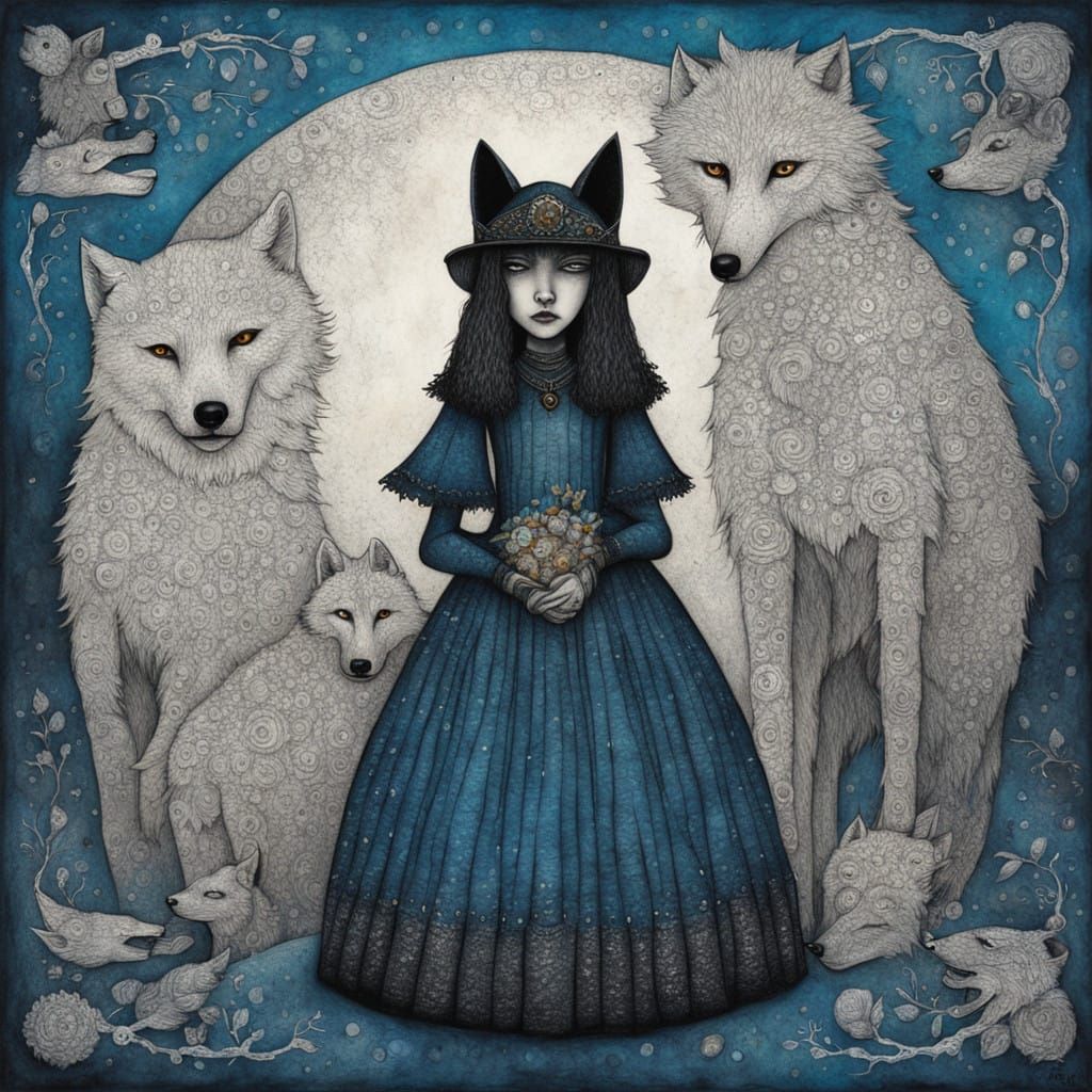 Goth Girl with Her Loyal Blue Wolf Companion