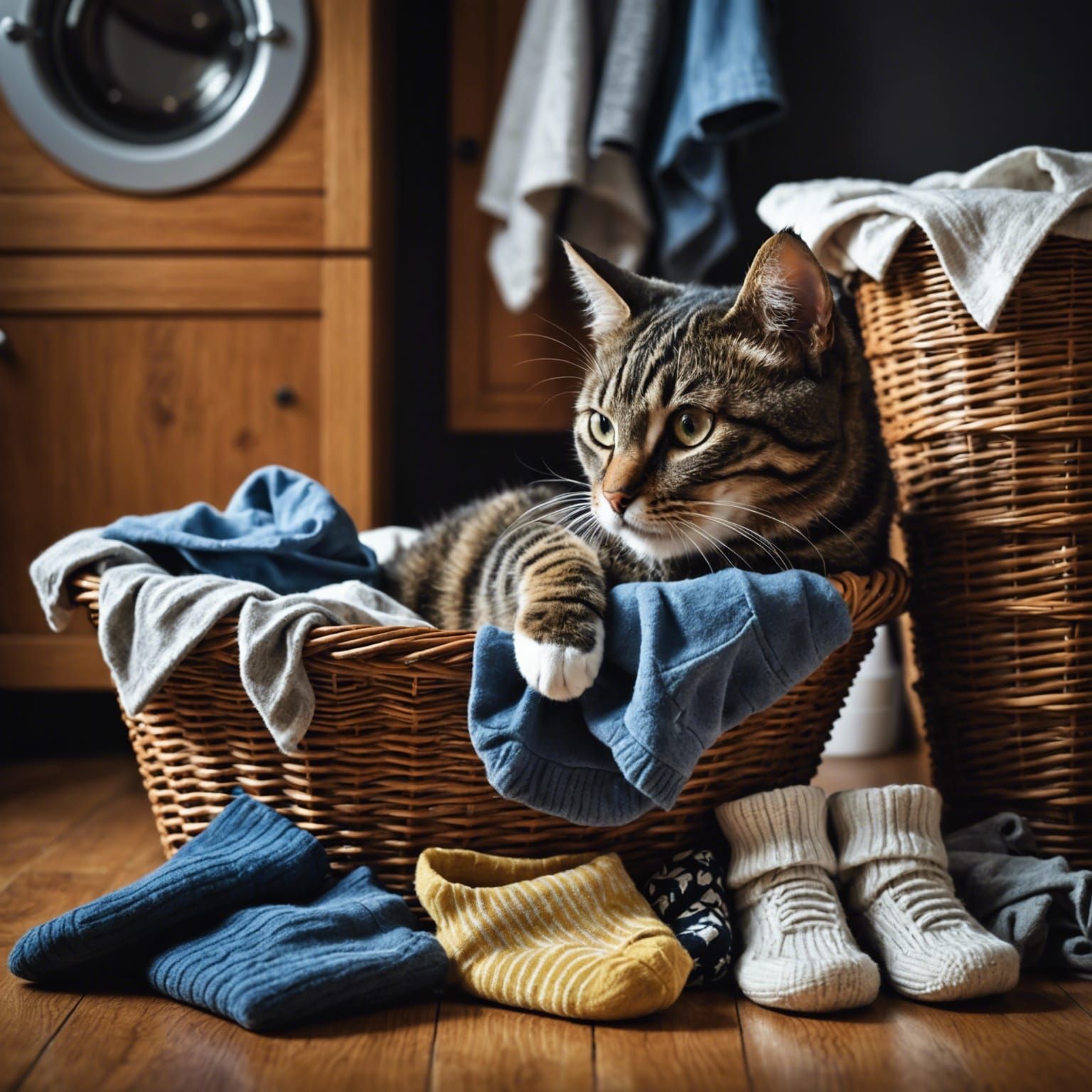 Playful Cat Stealing Socks: Hyperrealistic Image