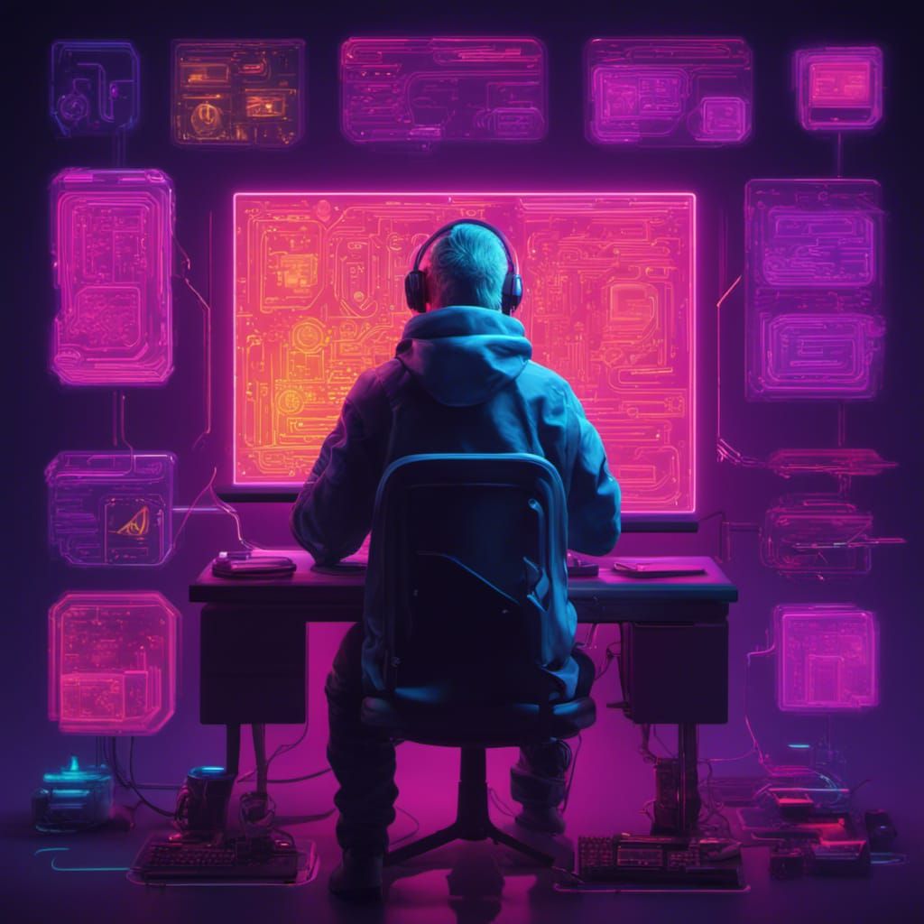 Neon Programmer Icon: Detailed Matte Painting