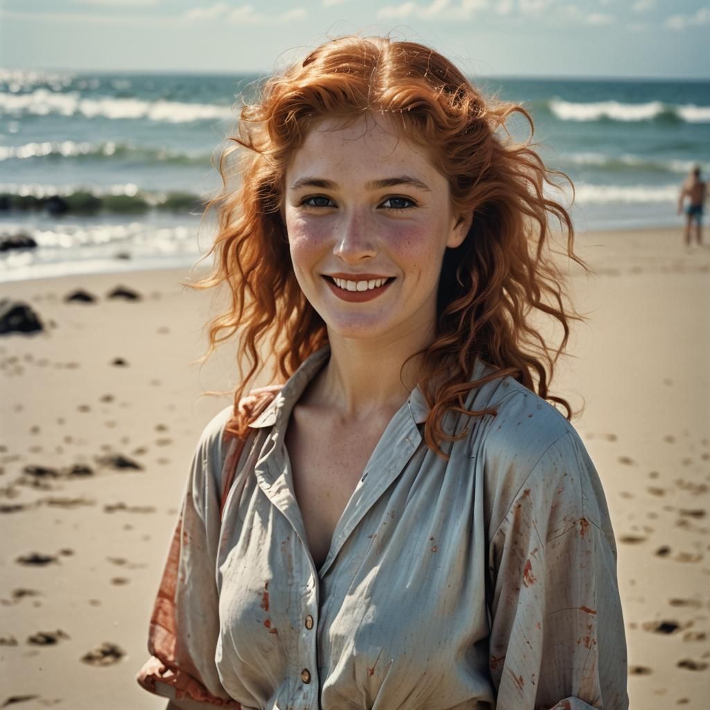 Vintage Beach Portrait of a Copper-Haired Woman