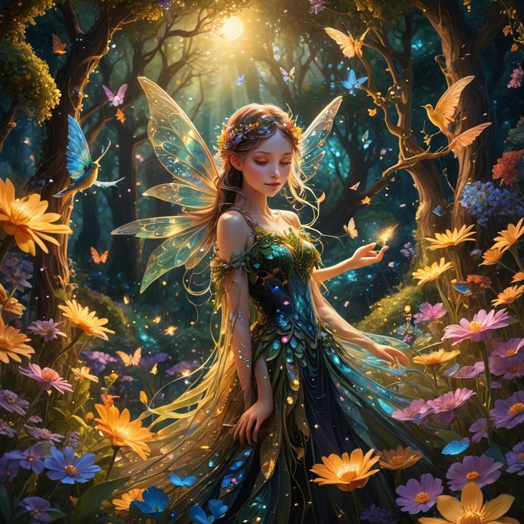 Iridescent Fairy in Magical Garden Fantasy Art