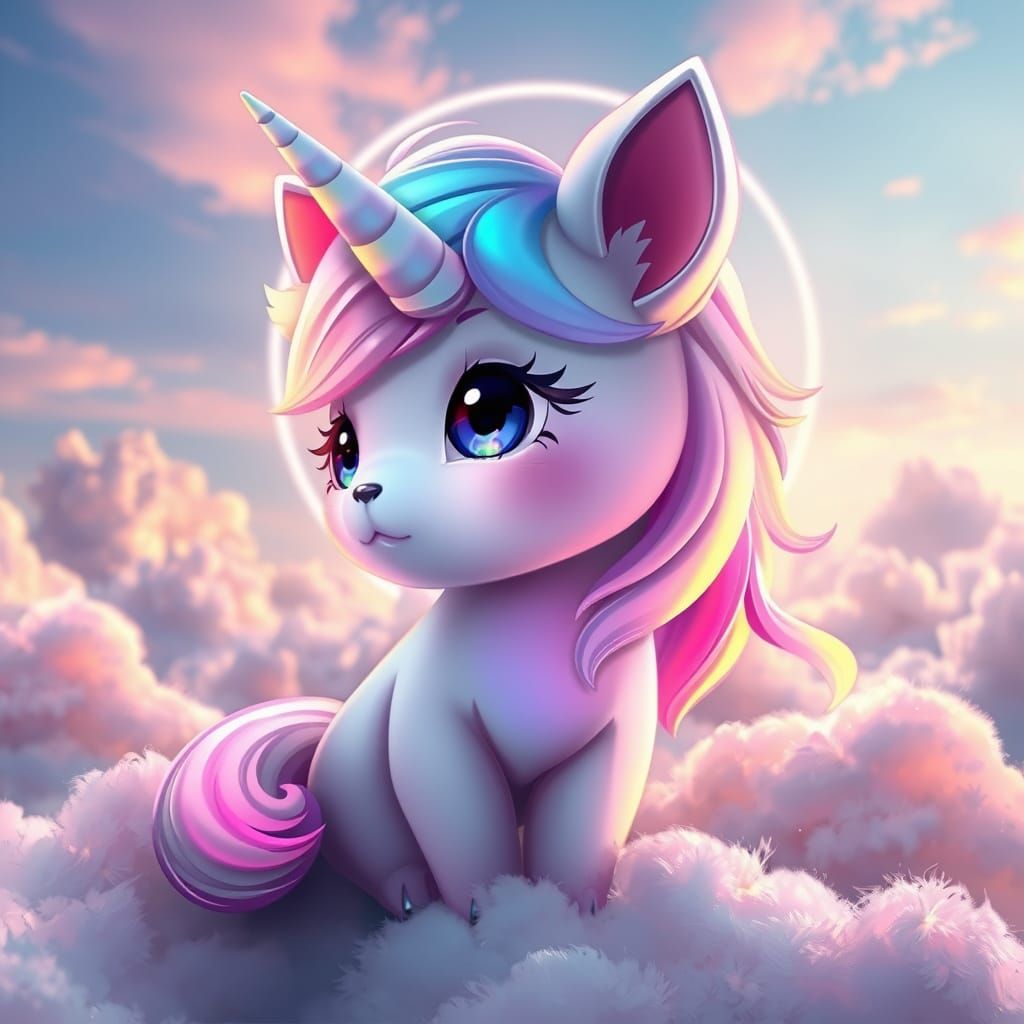 Whimsical Chibi Unicorn Cat in Dreamy Cloudscape