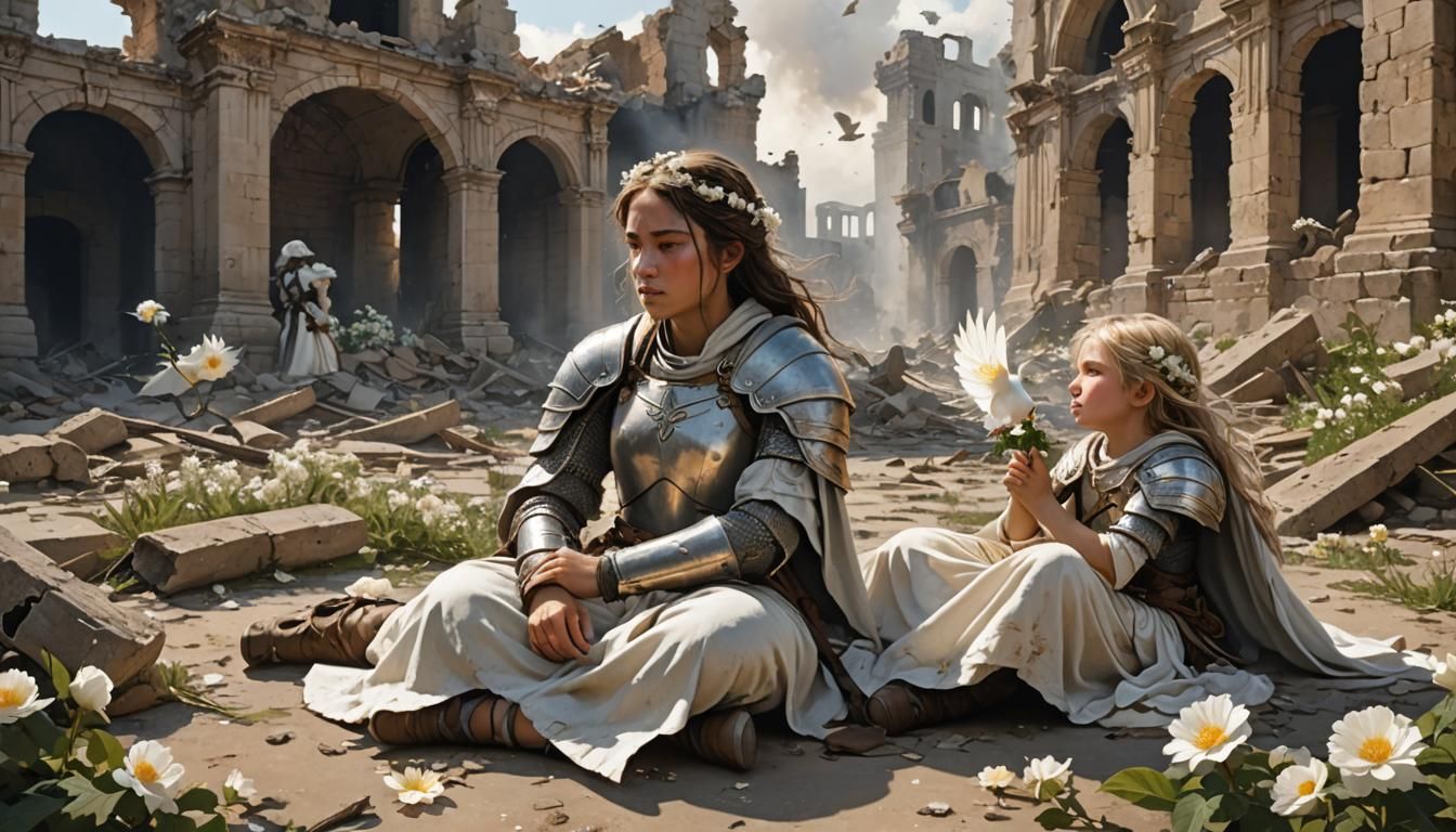 Heroic Warrior Cries Amidst Ruins, Fantasy Art
